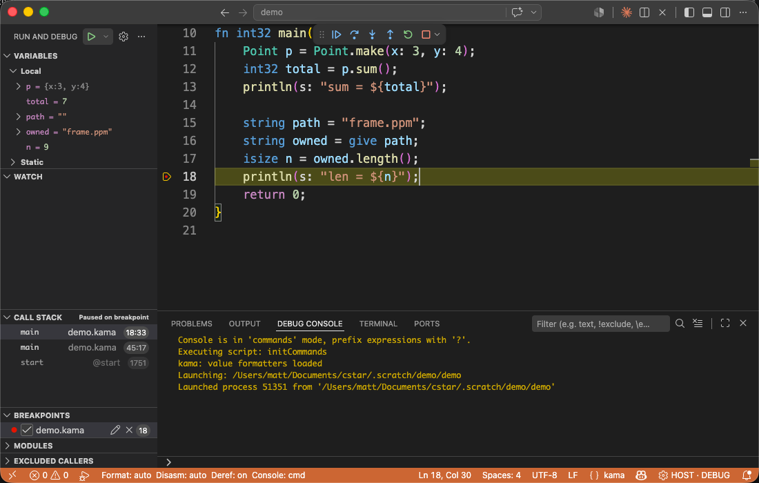 Paused at a breakpoint: kama values in the Variables pane